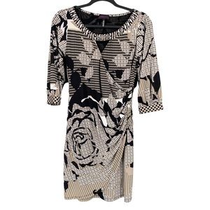 Hale Bob Dress Womens XS Black Floral Beaded Neckline Faux Wrap 3/4 Sleeve